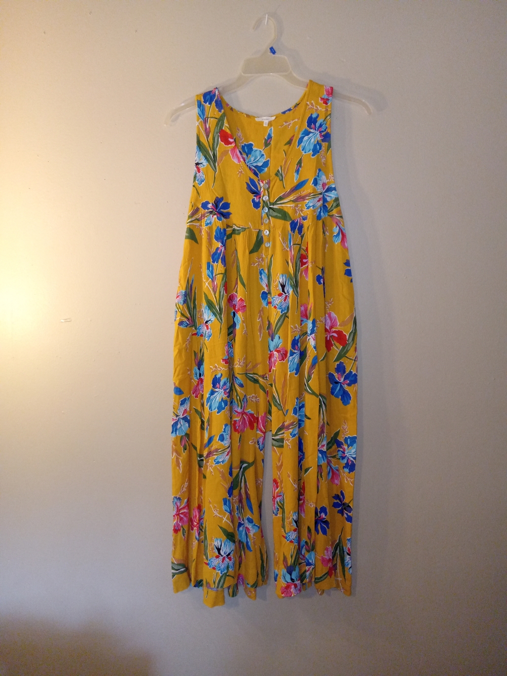 Yellow Floral Romper with Blue & Pink Blooms